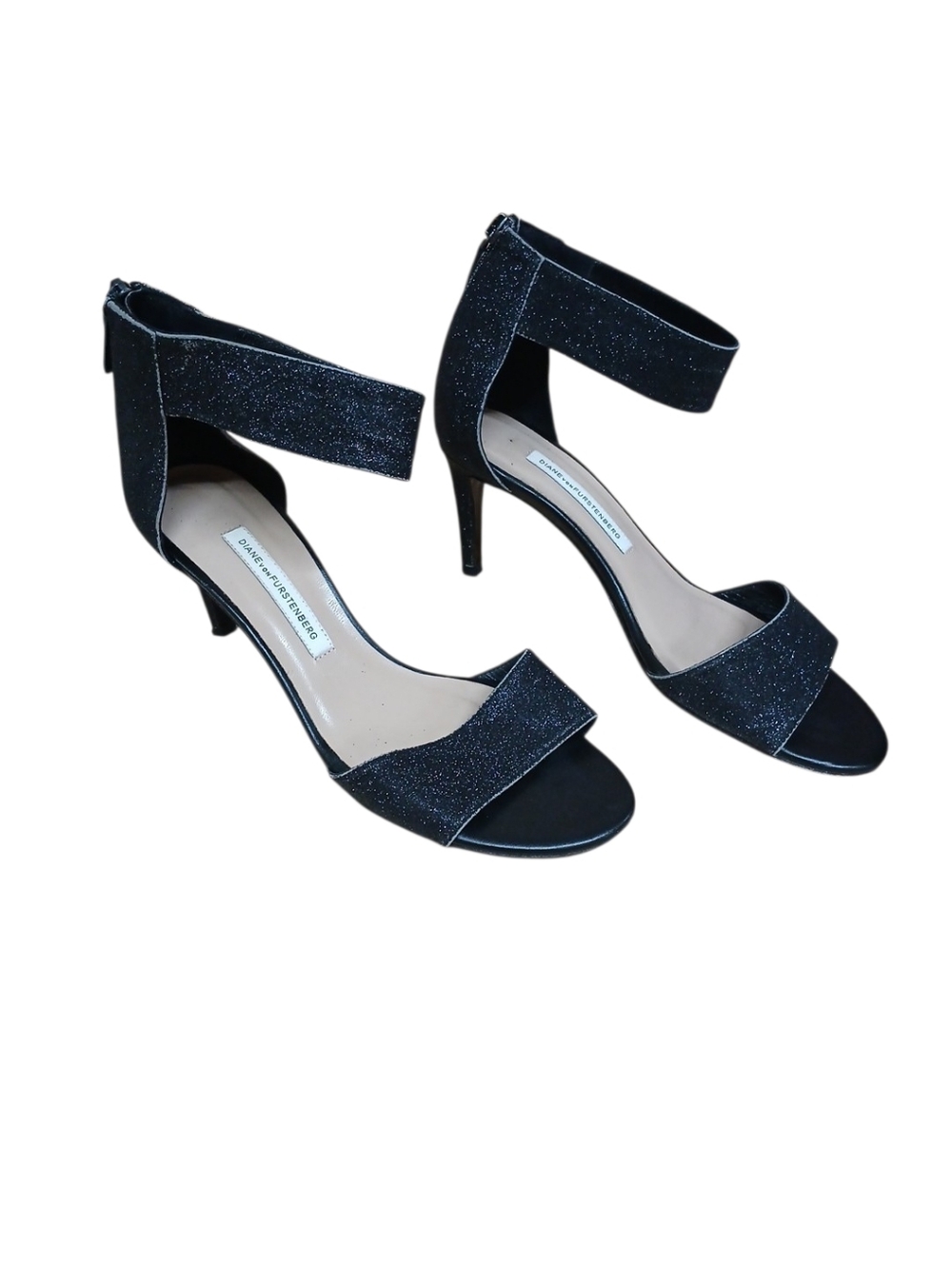 Diane Von Furstenberg Black Glitter Ankle-Strap Stiletto Heels Size 7.5 B